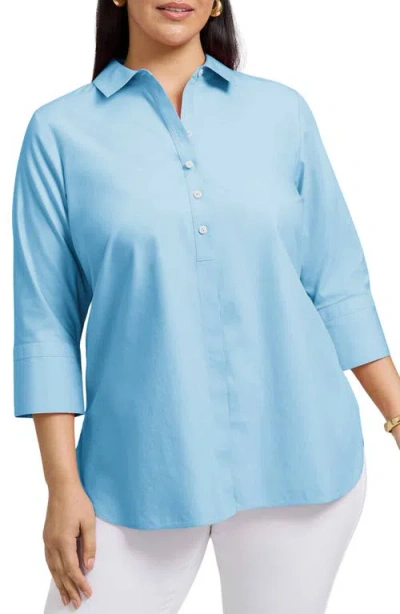 Foxcroft Madison Three-quarter Sleeve Cotton Button-up Shirt In Blue