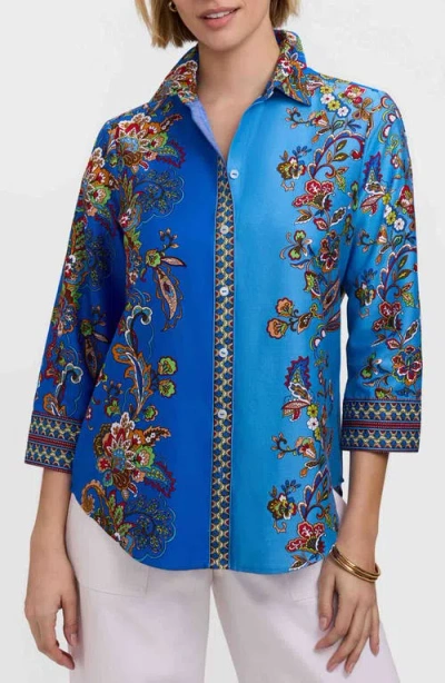 Foxcroft Margaret Floral Three-quarter Sleeve Cotton Button-up Shirt In Blue