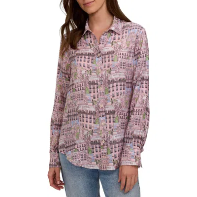 Foxcroft Margie City Of Paris Print Button Shirt In Pink/multi