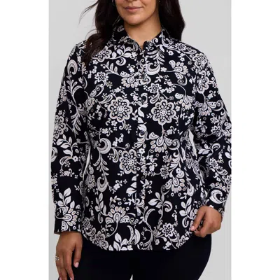Foxcroft Margie Daisy Cotton Button-up Shirt In Black