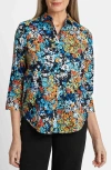 Foxcroft Margie Floral Three-quarter Sleeve Cotton Button-up Shirt In Blue Multi