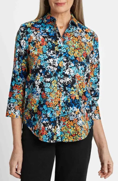 Foxcroft Margie Floral Three-quarter Sleeve Cotton Button-up Shirt In Blue Multi