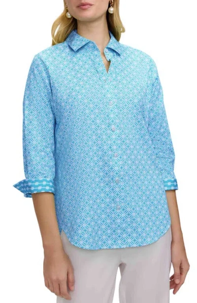 Foxcroft Margie Geo Lattice Three-quarter Sleeve Button-up Shirt In Blue