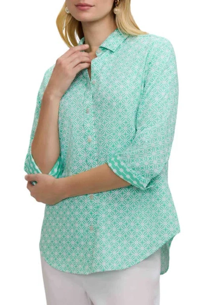 Foxcroft Margie Geo Lattice Three-quarter Sleeve Button-up Shirt In Green
