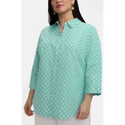 Foxcroft Margie Geo Lattice Three-quarter Sleeve Button-up Shirt In Blue