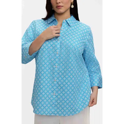 Foxcroft Margie Geo Lattice Three-quarter Sleeve Button-up Shirt In Blue