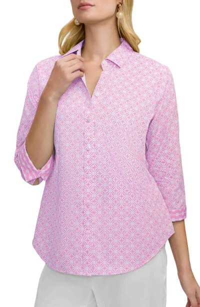 Foxcroft Margie Geo Lattice Three-quarter Sleeve Button-up Shirt In Pink
