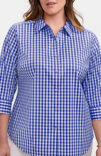 Foxcroft Margie Gingham Three-quarter Sleeve Button-up Shirt In Blue