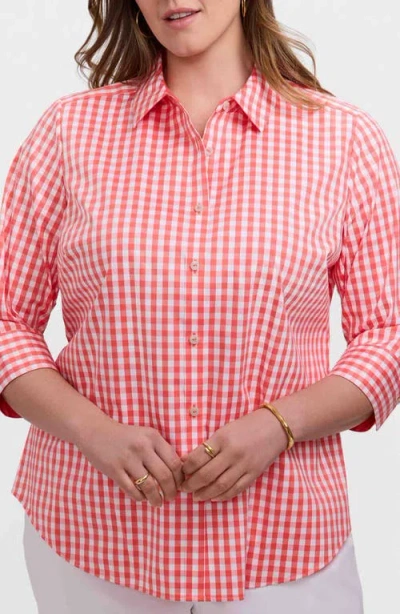 Foxcroft Margie Gingham Three-quarter Sleeve Button-up Shirt In Pink