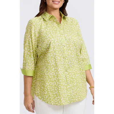 Foxcroft Margie Leopard Print Three-quarter Sleeve Cotton Button-up Shirt In Chartreuse Multi
