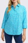 Foxcroft Margie Leopard Print Three-quarter Sleeve Cotton Button-up Shirt In Ibiza Turq Multi