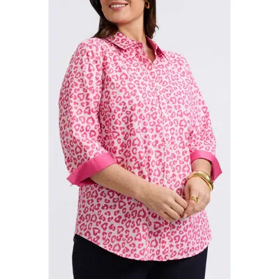 Foxcroft Margie Leopard Print Three-quarter Sleeve Cotton Button-up Shirt In Pink Flambe Multi