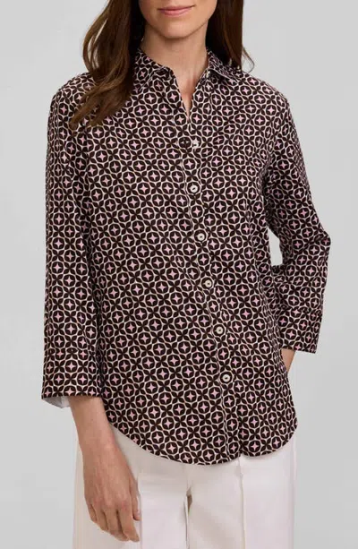 Foxcroft Margie Print Button Front Cotton Sateen Shirt In Espresso Brown/multi