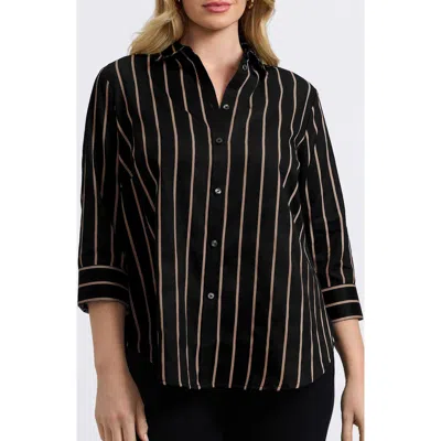Foxcroft Margie Stripe Three-quarter Sleeve Button-up Shirt In Black