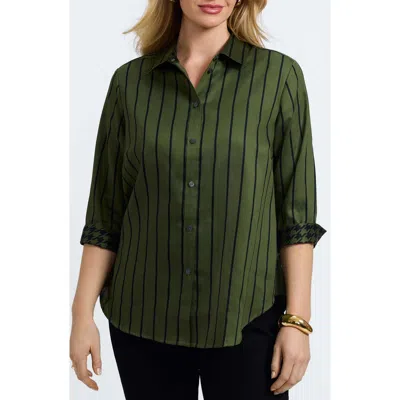 Foxcroft Margie Stripe Three-quarter Sleeve Button-up Shirt In Green
