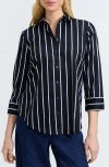 Foxcroft Margie Stripe Three-quarter Sleeve Button-up Shirt In Black