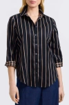 Foxcroft Margie Stripe Three-quarter Sleeve Button-up Shirt In Blue