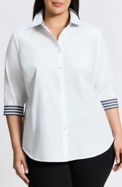 Foxcroft Margie Stripe Trim Cotton Blend Button-up Shirt In White