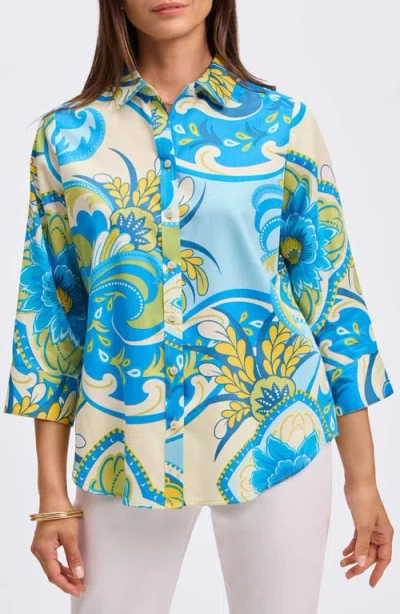 Foxcroft Margie Three-quarter Sleeve Cotton Button-up Shirt In Blue