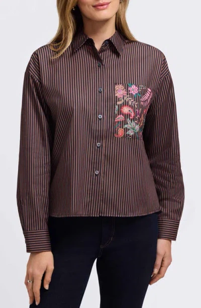 Foxcroft Marina Contrast Pocket Stripe Cotton Poplin Button-up Shirt In Brown
