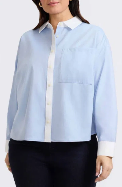 Foxcroft Marina Contrast Trim Cotton Button-up Shirt In Soft Blue