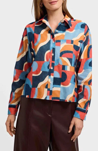 Foxcroft Marina Geo Print Cotton Corduroy Button-up Shirt In Blue