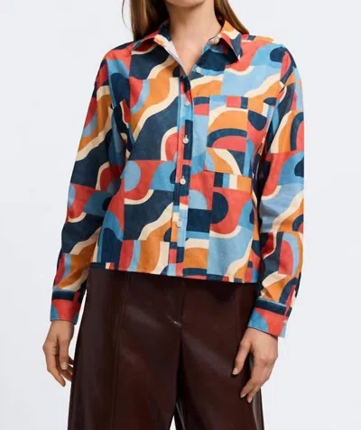 Foxcroft Marina Long Sleeve Corduroy Top In Mid Century Art In Multi
