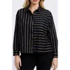 Foxcroft Margie Stripe Three-quarter Sleeve Button-up Shirt In Black