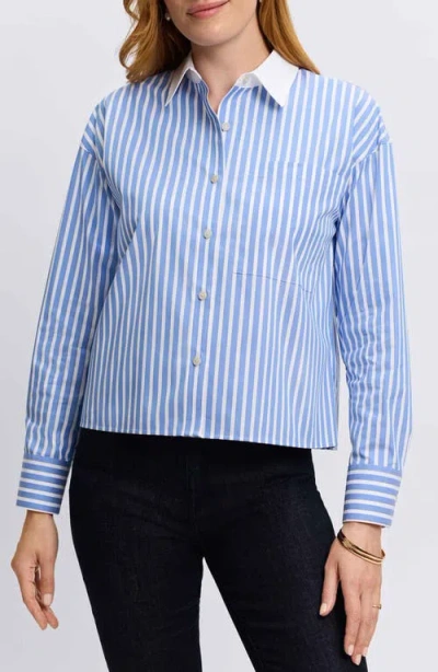 Foxcroft Marina Stripe Cotton Button-up Shirt In Periwinkle