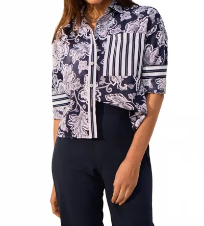 Foxcroft Marina Woodblock Floral Long Sleeve Shirt Top In Navy/white In Brown