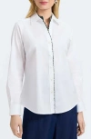 Foxcroft Marlee Leopard Trim Cotton Blend Button-up Shirt In White