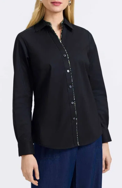 Foxcroft Marlee Leopard Trim Cotton Blend Button-up Shirt In Black