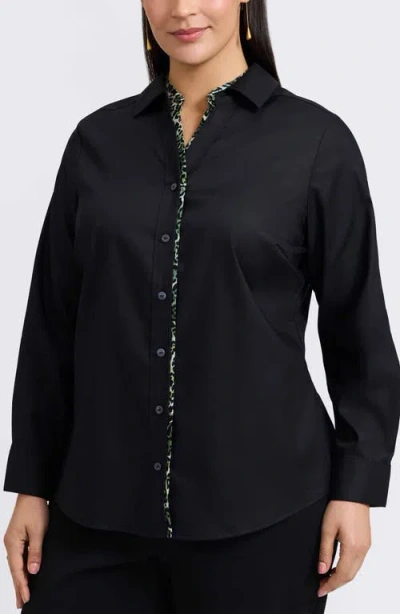 Foxcroft Marlee Leopard Trim Cotton Blend Button-up Shirt In Black