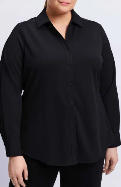 Foxcroft Mary Crepe Knit Button-up Shirt In Black
