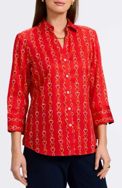 Foxcroft Mary Love Chain Print Cotton Button-up Shirt In Red
