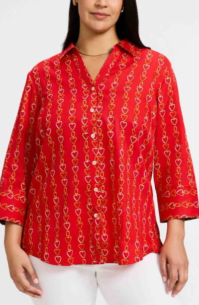 Foxcroft Mary Love Chain Print Cotton Button-up Shirt In Red/multi