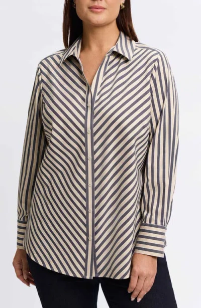 Foxcroft Mary Neutral Stripe Stretch Button-up Shirt In Black
