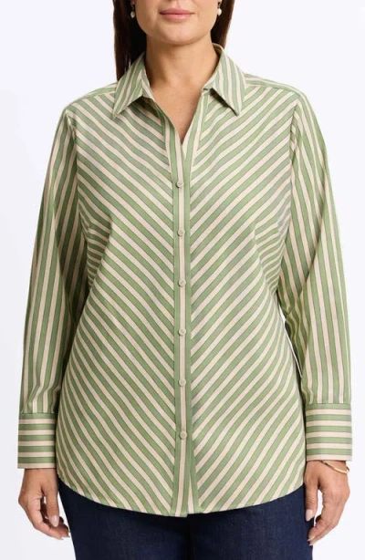 Foxcroft Mary Neutral Stripe Stretch Button-up Shirt In Green