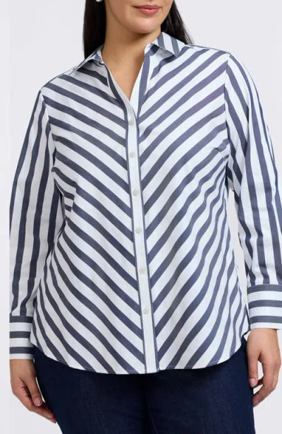 Foxcroft Mary Stripe Cotton Blend Button-up Shirt In Navy/white