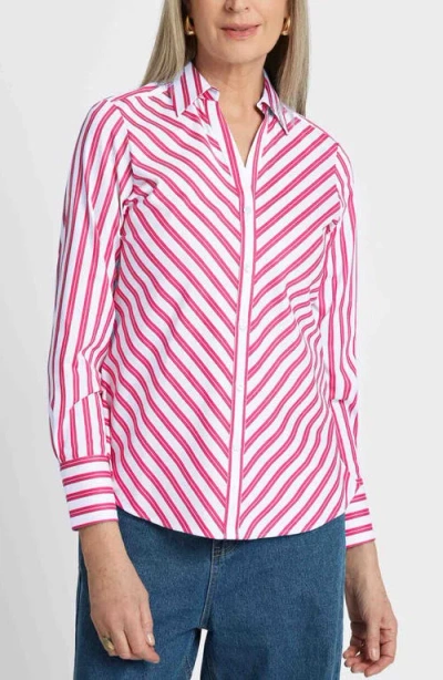 Foxcroft Mary Stripe Cotton Blend Button-up Shirt In Ruby Pink/white