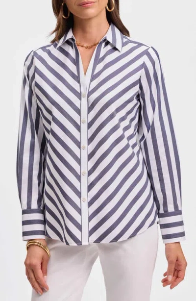 Foxcroft Mary Stripe Long Sleeve Cotton Sateen Button-up Shirt In Navy/white