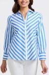 Foxcroft Mary Stripe Long Sleeve Cotton Sateen Button-up Shirt In Cobalt Blue/white