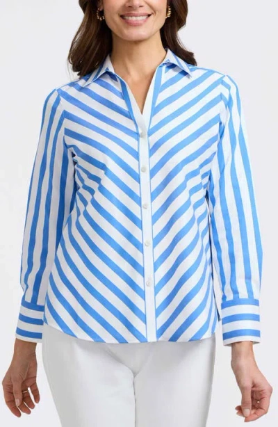 Foxcroft Mary Stripe Long Sleeve Cotton Sateen Button-up Shirt In Cobalt Blue/white