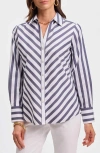 Foxcroft Mary Stripe Long Sleeve Cotton Sateen Button-up Shirt In Navy/white