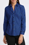Foxcroft Mary Stripe Long Sleeve Cotton Sateen Button-up Shirt In Sapphire/ Black