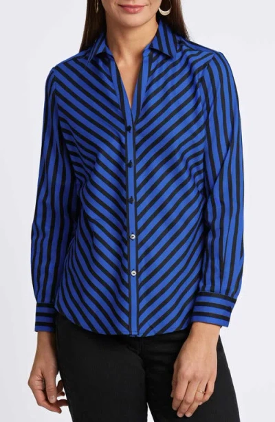 Foxcroft Mary Stripe Long Sleeve Cotton Sateen Button-up Shirt In Sapphire/ Black
