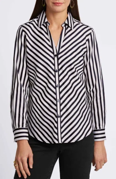 Foxcroft Mary Stripe Long Sleeve Cotton Sateen Button-up Shirt In Silver Birch Stripe/black