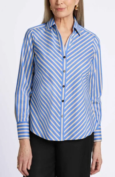 Foxcroft Mary Stripe Stretch Button-up Shirt In Cobalt Blue/ Neutral