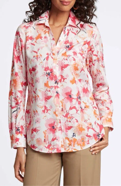 Foxcroft Mary Watercolor Print Cotton Button-up Shirt In Pink Multi