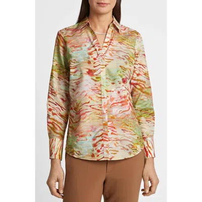 Foxcroft Mary Watercolor Zebra Cotton Button-up Shirt In Green Multi